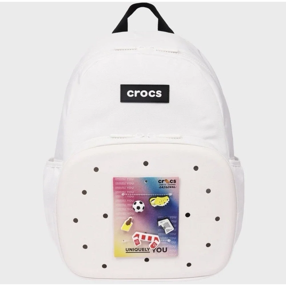 NWT Crocs Bookbag White/Black Nylon With Original Charms- 17.5
